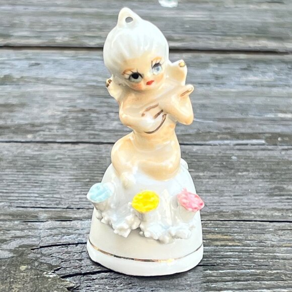Vintage Porcelain Christmas Angel Bell Music Flowers Ornament 3” tall - Picture 1 of 8